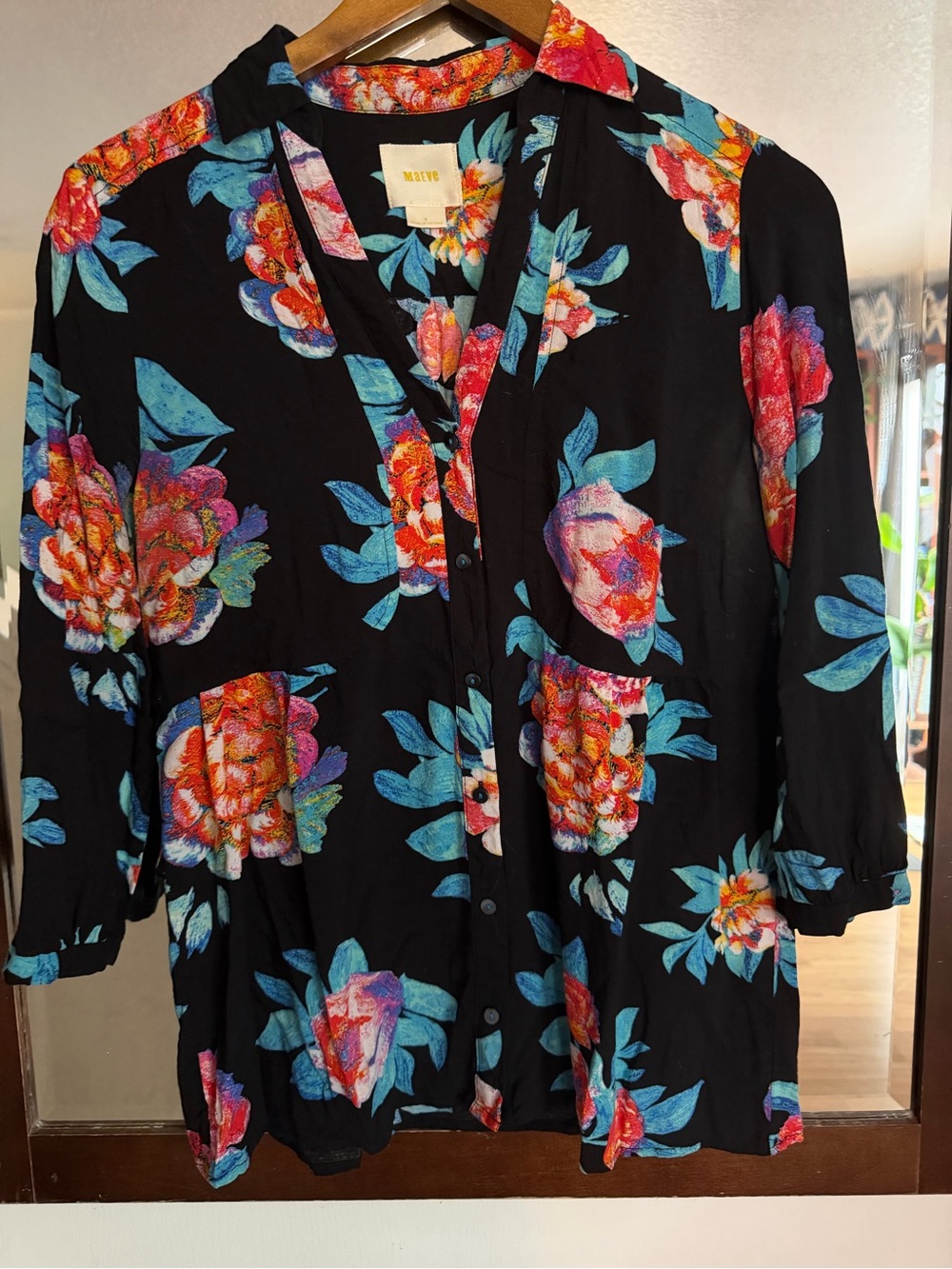 MAEVE Floral Button-Front Black Top - Blue & Red Floral